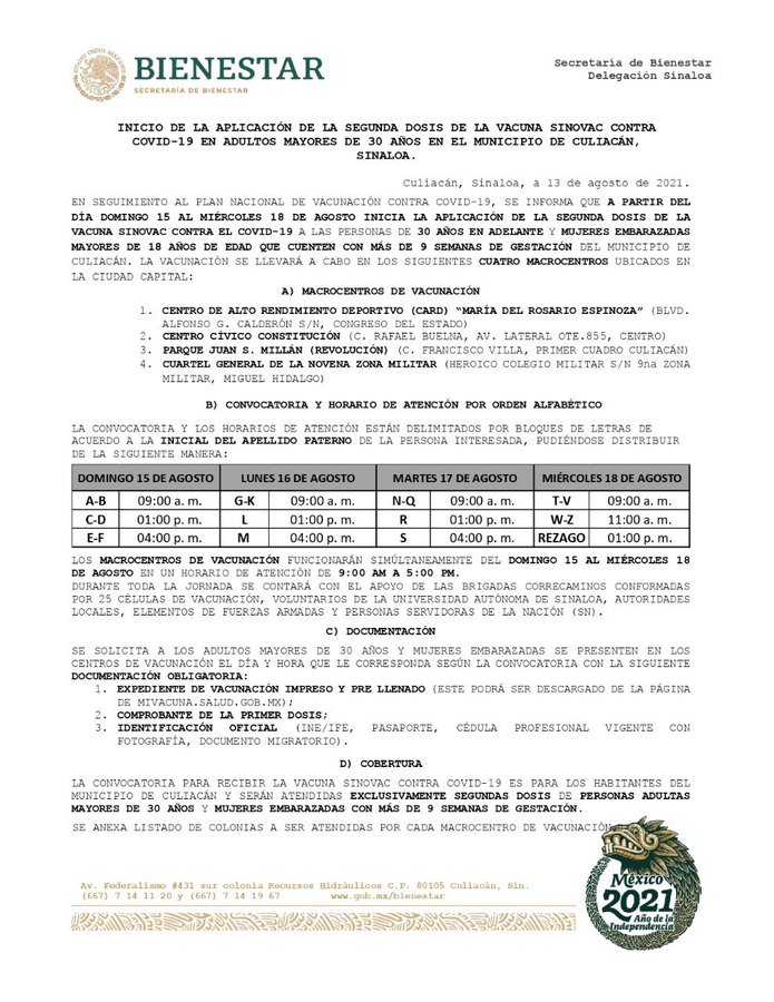 Mañana inician aplicación de segundas dosis a adultos de 30-39 en Culiacán  - Ríodoce