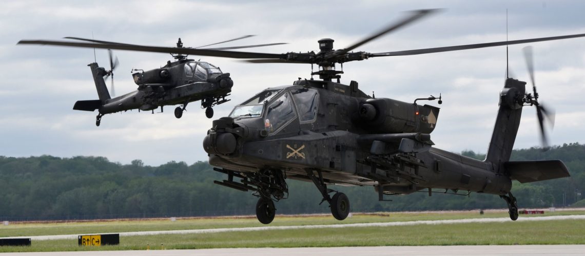 U.S. Army AH-64 Apache helicopters from the 4th Infantry Division's 4th Combat Aviation Brigade used Wright-Patterson Air Force Base, Ohio, as a stopover May 20, 2020.  The helicopters are in transit from their home post of Fort Carson, Colo., to Fort Drum, N.Y.(U.S. Air Force photo by Ty Greenlees)