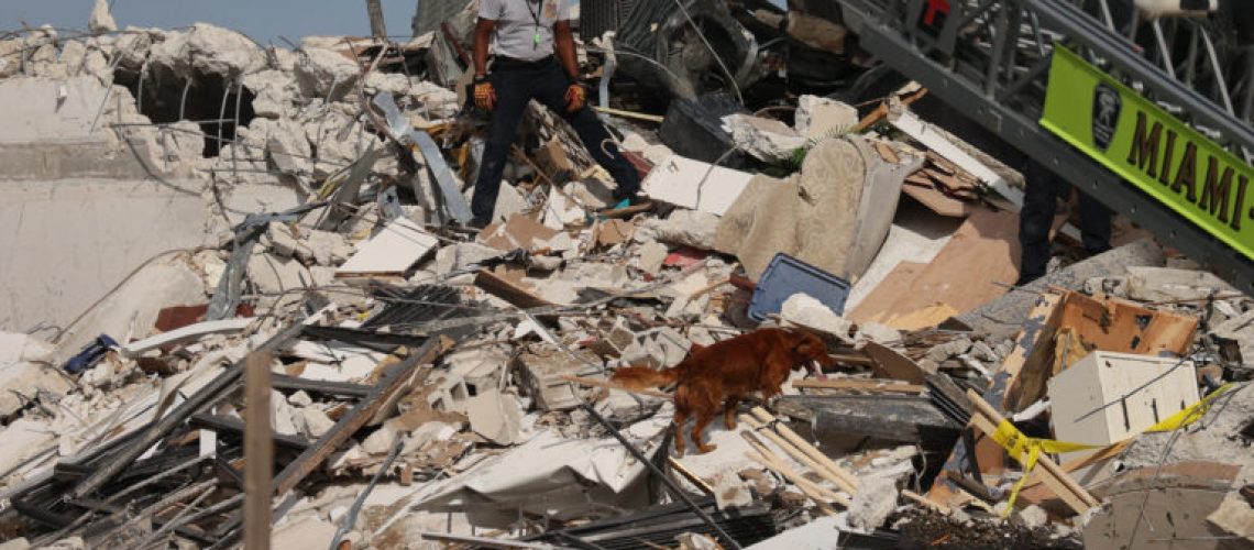 SURFSIDE, FLORIDA - JUNE 24: A Miami-Dade Fire Rescue person and a K-9 continue the search and rescue operations in the partially collapsed 12-story Champlain Towers South condo building on June 24, 2021 in Surfside, Florida. It is unknown at this time how many people were injured as the search-and-rescue effort continues with rescue crews from across Miami-Dade and Broward counties.   Joe Raedle/Getty Images/AFP (Photo by JOE RAEDLE / GETTY IMAGES NORTH AMERICA / Getty Images via AFP)