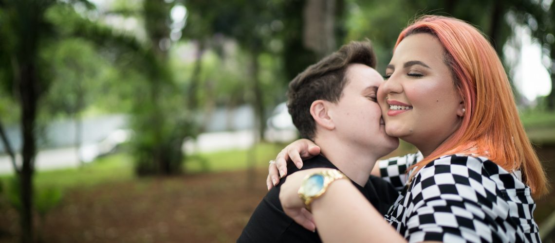 Lesbian couple embracing at park