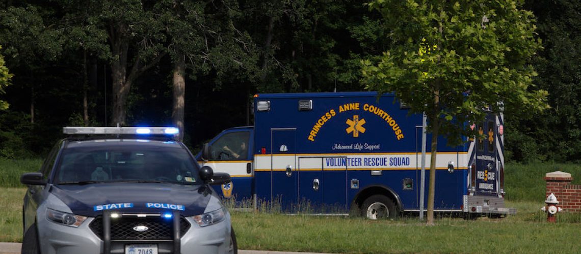 An ambulance turns on Nimmo Parkway following a shooting at the Virginia Beach Municipal Center on Friday, May 31, 2019.