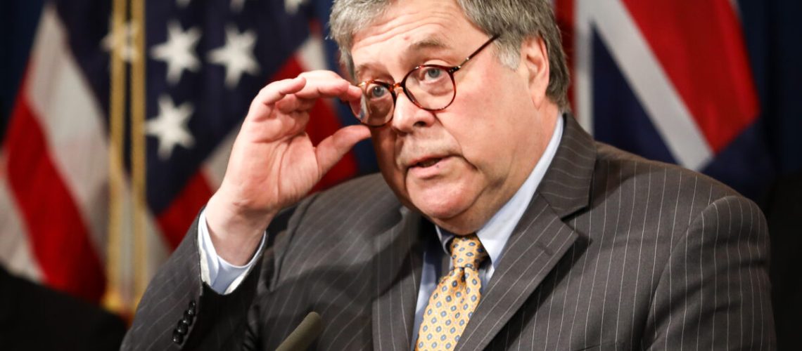 Attorney General William Barr speaks about an initiative to prevent online child sexual exploitation, at the Justice Department in Washington on March 5, 2020. (Samira Bouaou/The Epoch Times)